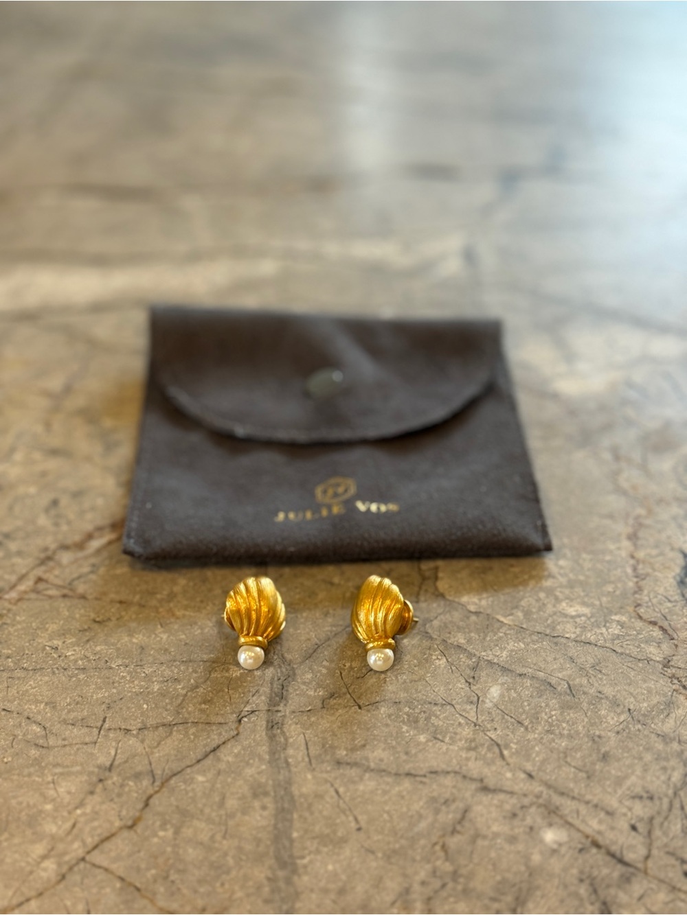 Gold Tone Shell Pearl Drop Earrings